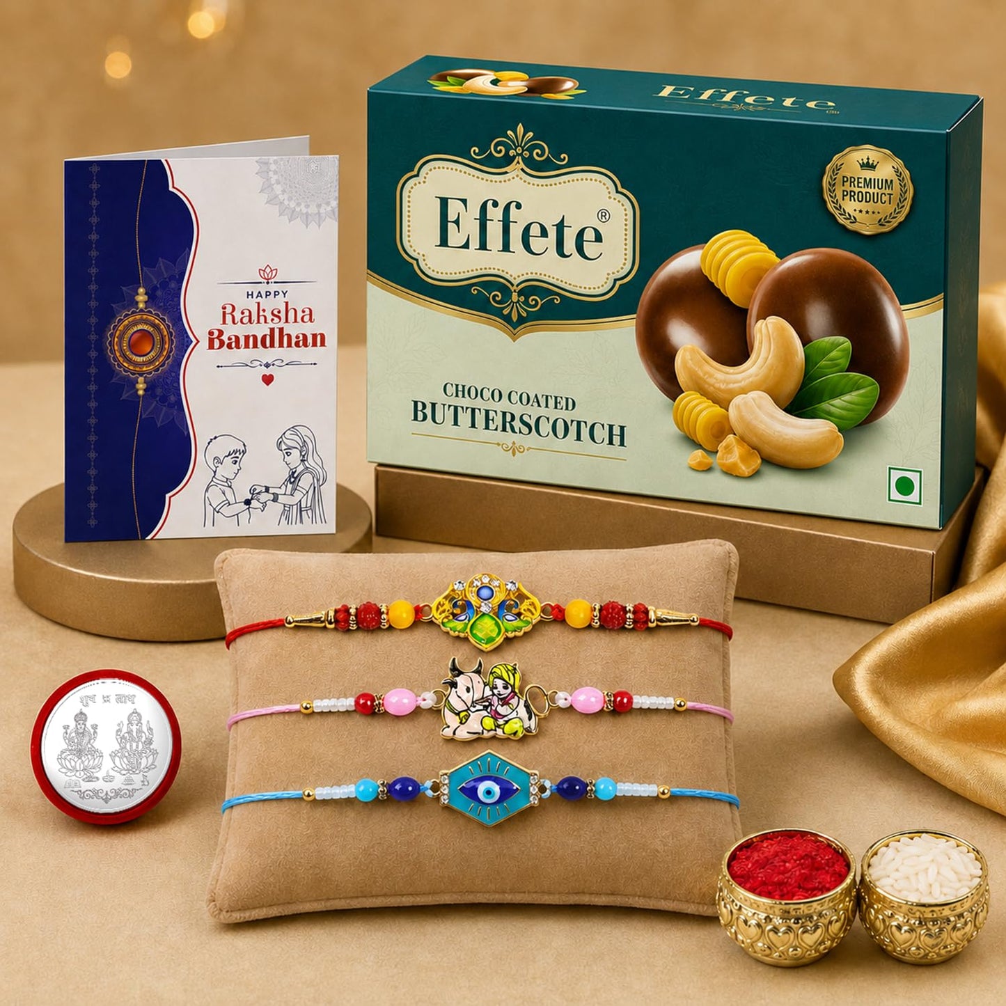 Krishna, Trishul Rakhi Combo - Raksha Bandhan Gift with Choco Butterscotch 32gm, Pack of 7