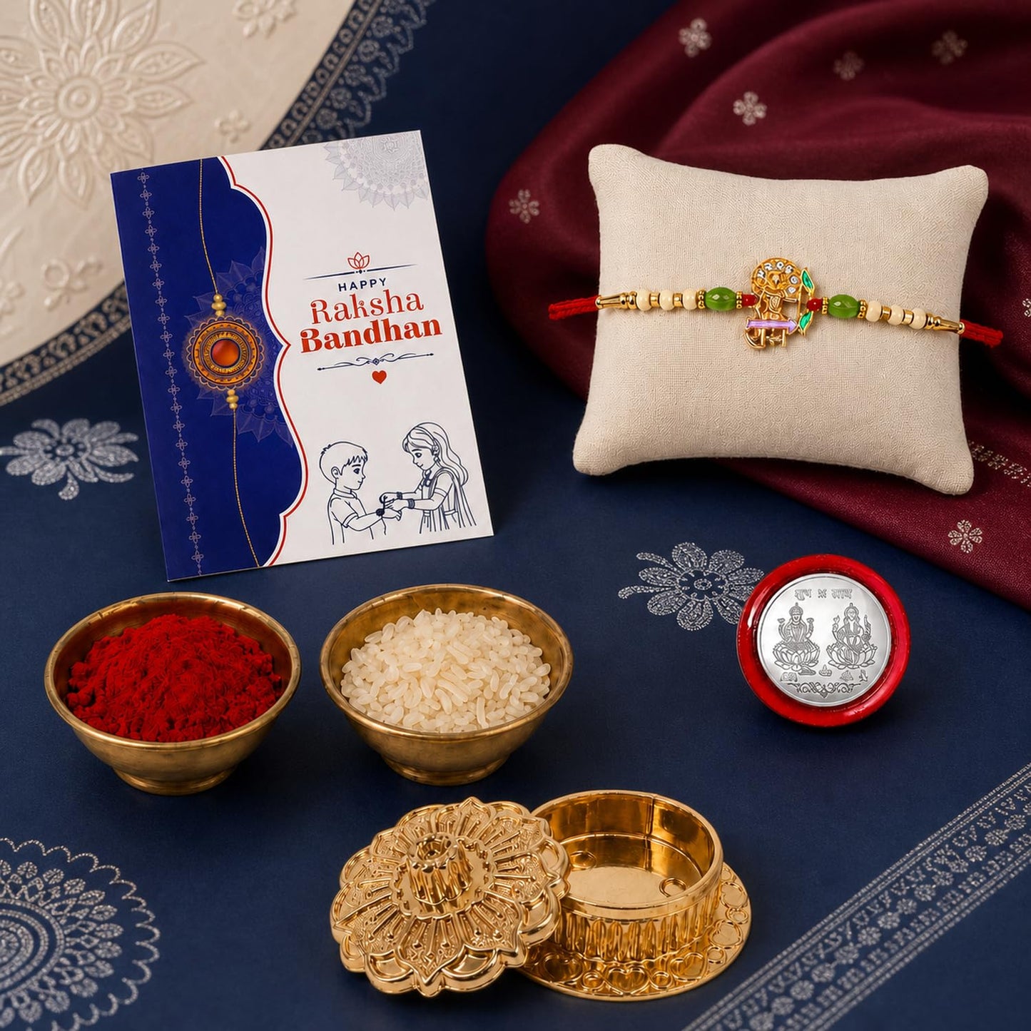 Ram Multicolor Rakhi for Brother & Bhaiya with Golden Pooja Kankavati | Pack of 5