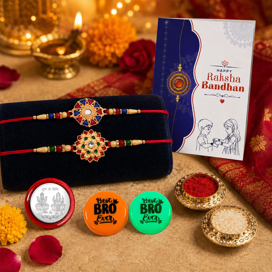 Rakhi Set for Brother complete with designer rakhis, roli chawal, silver coin and greeting card.