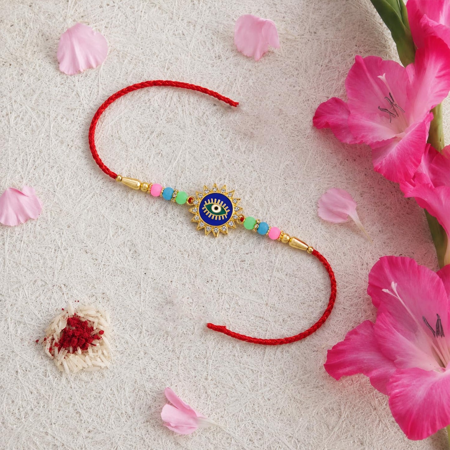 Evil Eye Elegant Rakhi for Brother with Choco Magic 96gm, Coin & Card, Pack of 5
