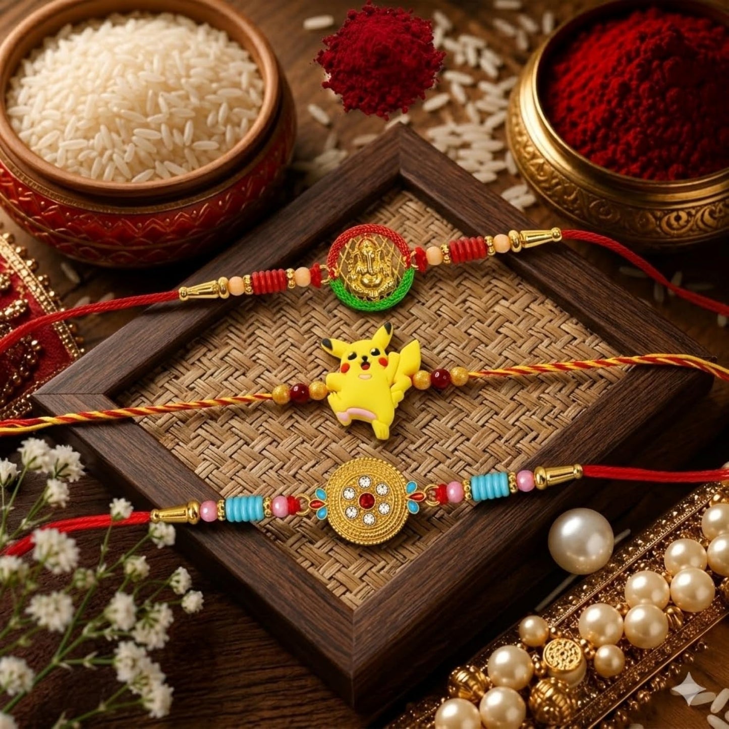 Ganesha Rakhi for Brother with Chocolate Magic 96gm, Roli Tikka & Card, Pack of 7