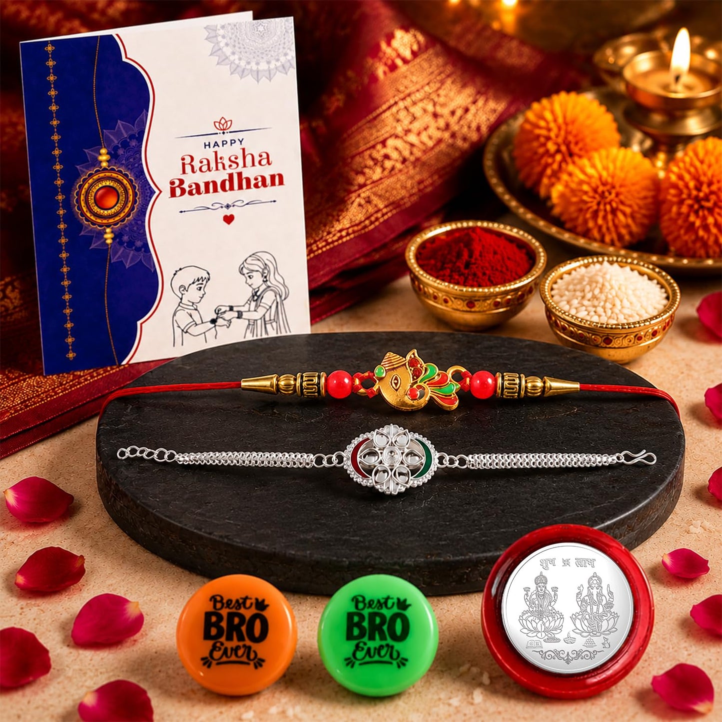 Rakhi Set for Brother (Set of 2) – Ganesh & Flower Style Rakhi Combo with Roli Chawal, Silver Color Coin, Multicolour Magnets & Greeting Card – Traditional Raksha Bandhan Gift Hamper for Bhai