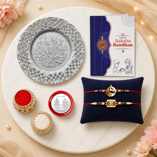 Multicolor designer peacock rakhi and pooja thali set for Raksha Bandhan celebration.