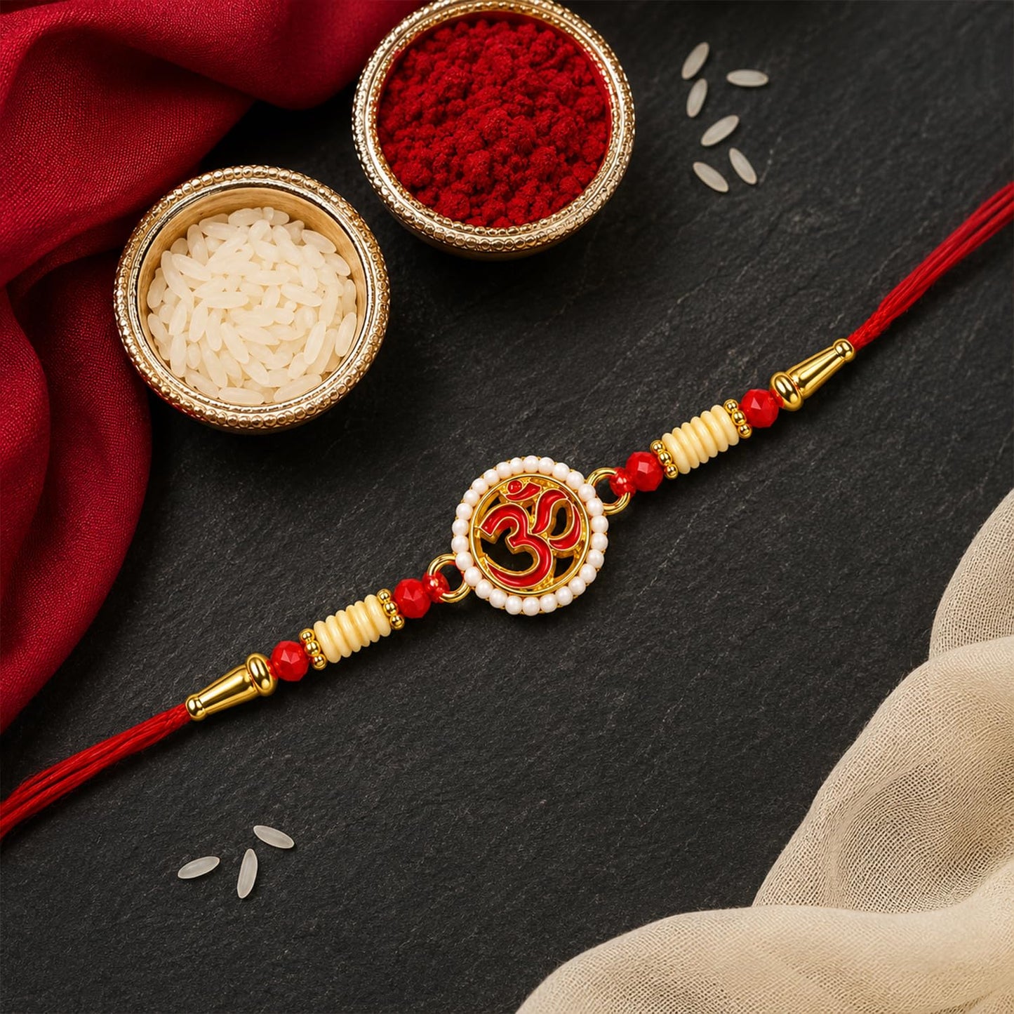 Elegant Sacred Rakhi for Brother with Roli Tikka, Pooja Coin & Card, Pack of 8