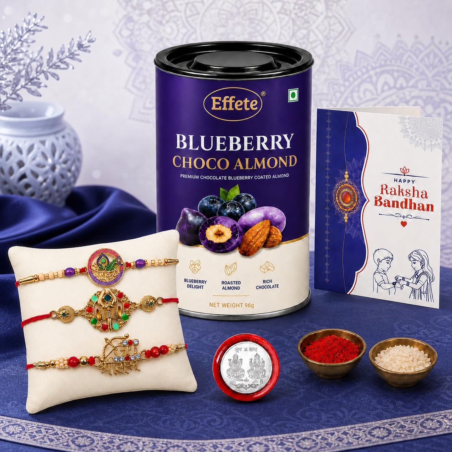 Rakhi with Chocolate for Brother (Set of 7) – Raksha Bandhan Festival Celebration with Radha Krishna, Jai Shri Ram & Round Rakhi, Chocolate, Roli Chawal, Silver Color Coin & Greeting Card