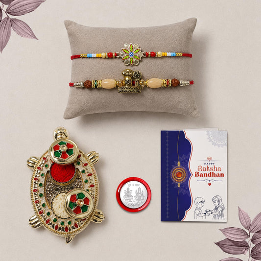 Raksha Bandhan Rakhi Combo featuring a floral deity rakhi and turtle pooja thali.