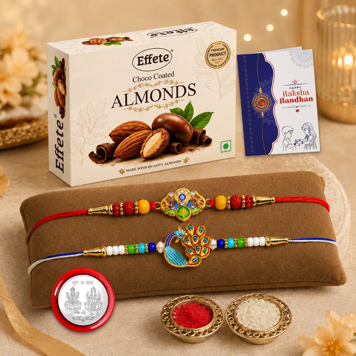 Trishul, Peacock Rakhi Combo - Raksha Bandhan Gift with Choco Almonds 32gm, Pack of 6