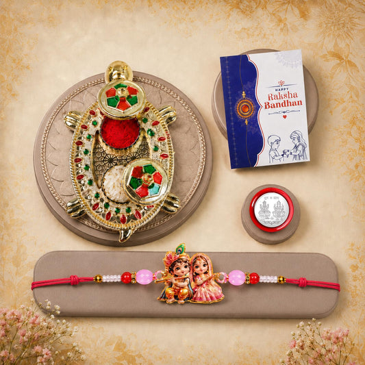 Multicolor Krishna Radha Rakhi and Turtle Pooja Thali Raksha Bandhan gift hamper.
