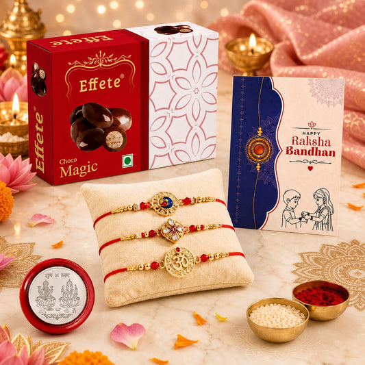 Rakhi with Chocolate for Brother (Set of 7), Raksha Bandhan Festival Celebration Pack with Peacock, Oval & Round Shape