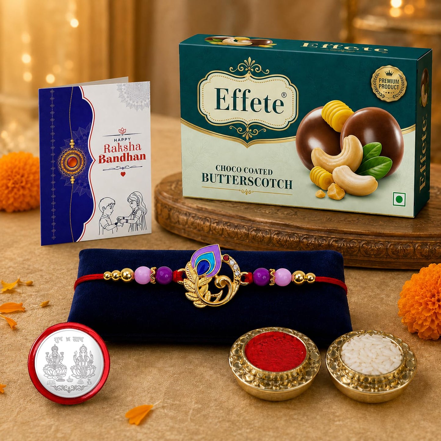 Elegant Mor Rakhi for Brother with Butter Scotch 32gm, Coin & Card, Pack of 5