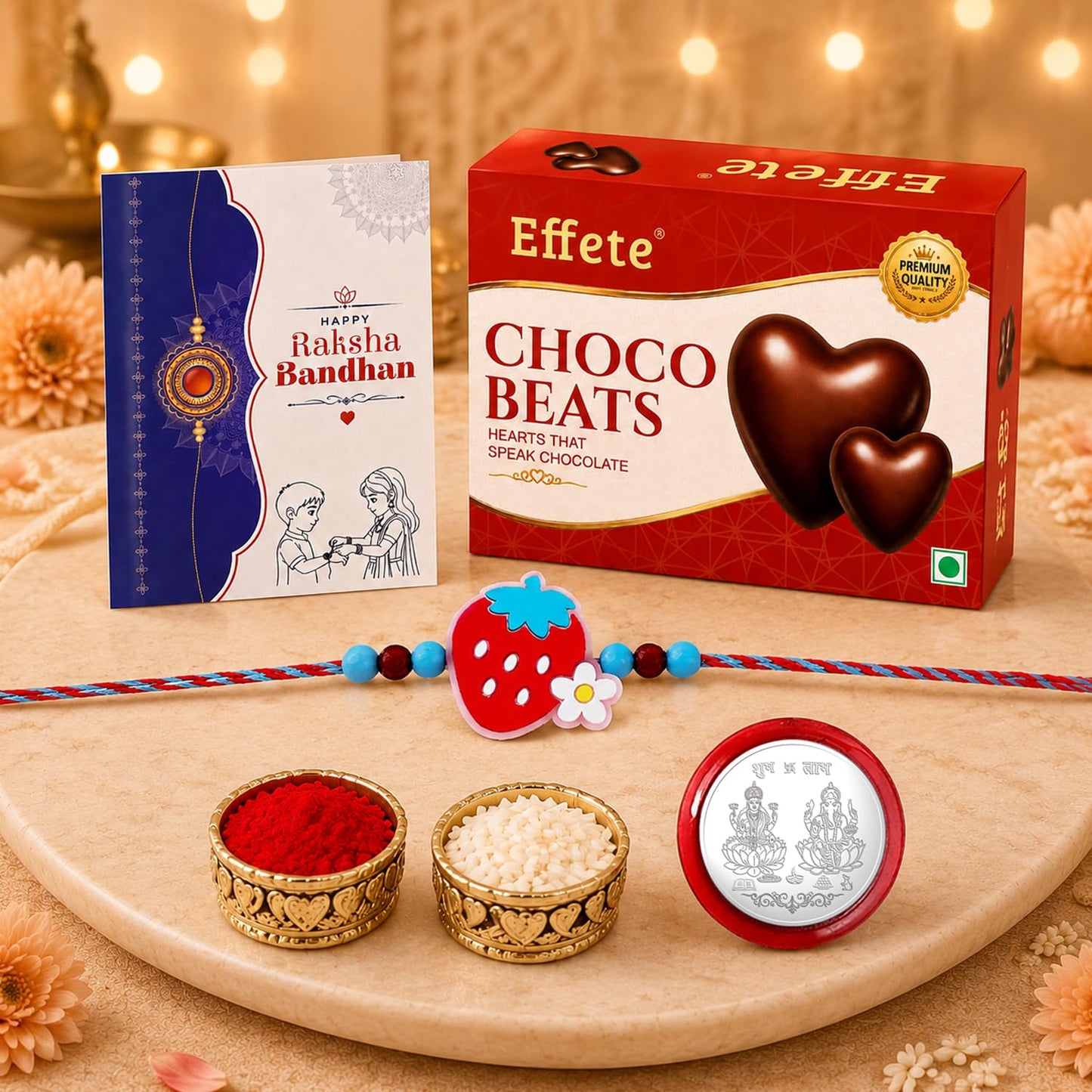 Strawberry Rakhi for Brother with Choco Beats 32gm, Roli Chawal & Card, Pack of 5