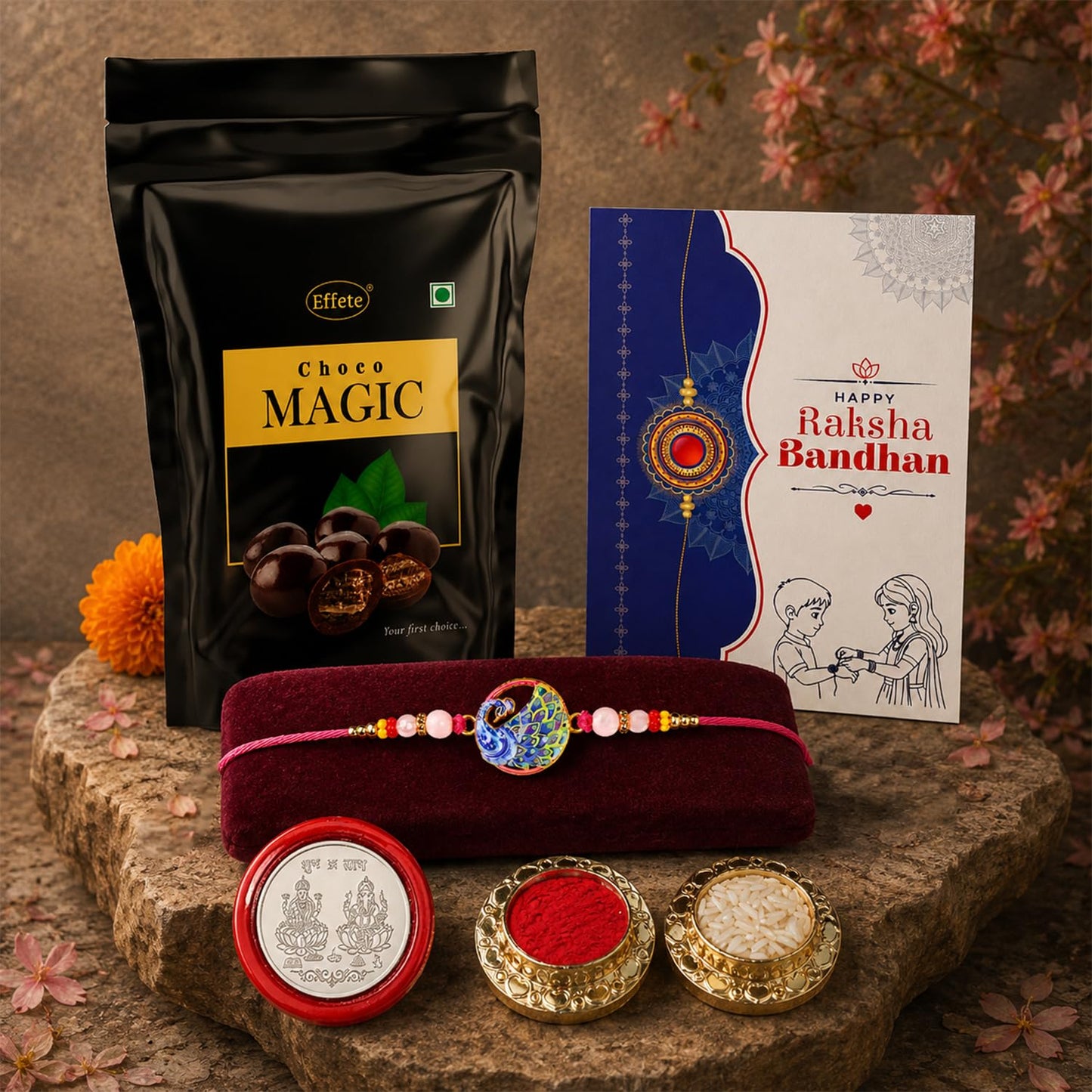 Peacock Rakhi Combo - Raksha Bandhan Gift with Choco Magic Standy Pouch, Pack of 5
