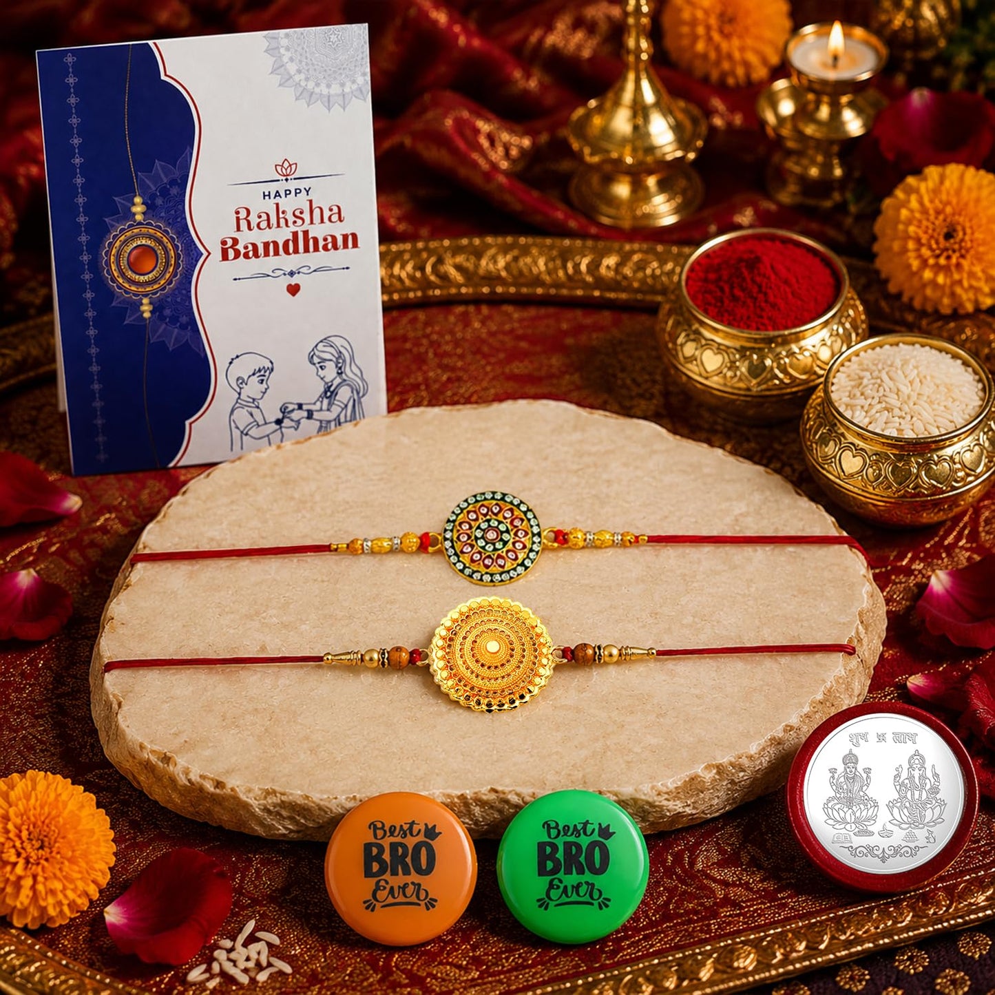 Rakhi Set for Brother (Set of 2) – Stylish Round Design Rakhi Combo with Roli Chawal, Silver Color Coin, Multicolour Magnets & Greeting Card – Traditional Raksha Bandhan Gift Hamper for Bhai
