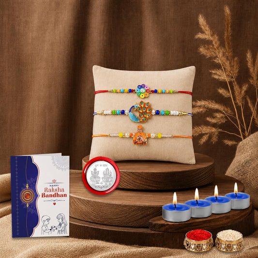 Swami Maharaj Rakhi Combo - Raksha Bandhan Gift with Tealight Candles 4pcs, Pack of 7