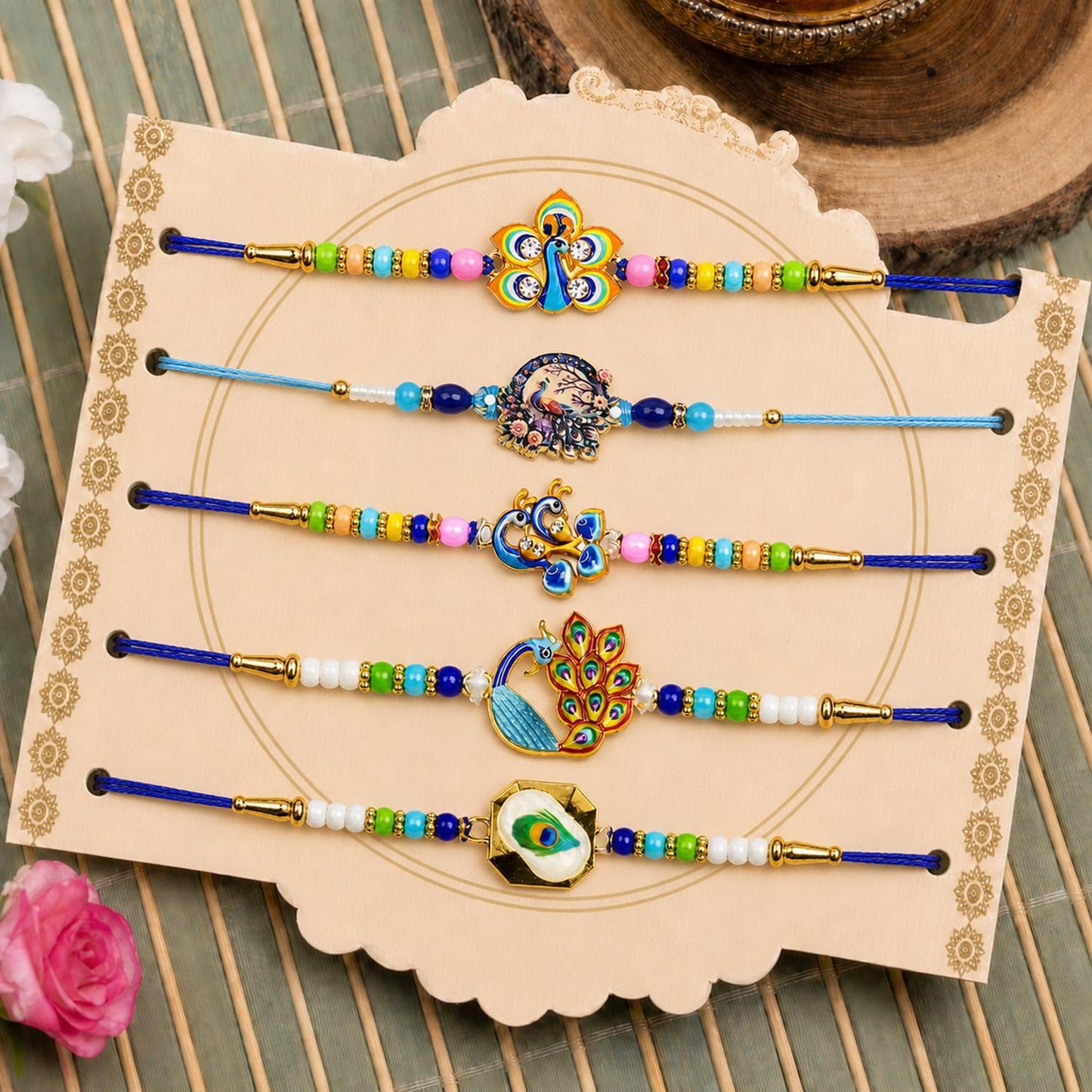 Elegant Splendid Rakhi for Brother with Roli Tikka, Pooja Coin & Card, Pack of 8
