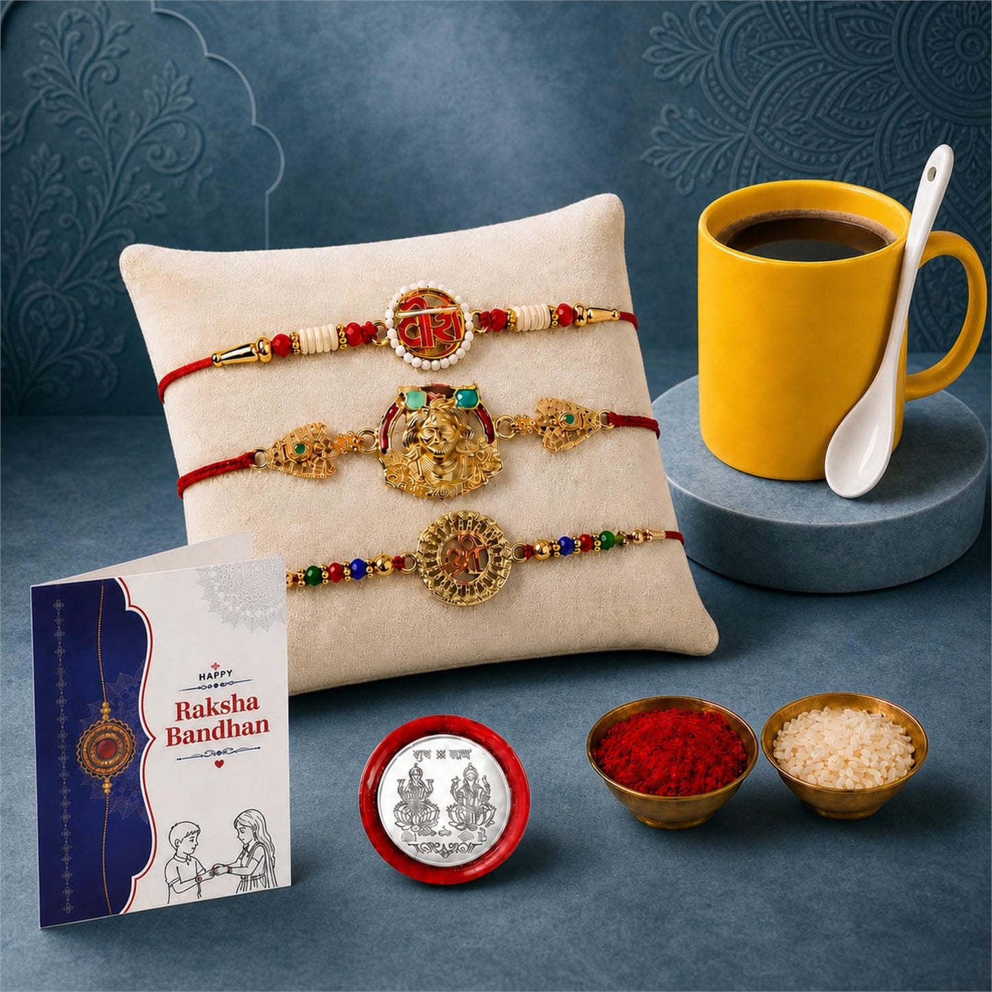 Multicolor Rakhi & Kalash Pooja Thali – Raksha Bandhan Gift Set Hamper (Pack of 5)