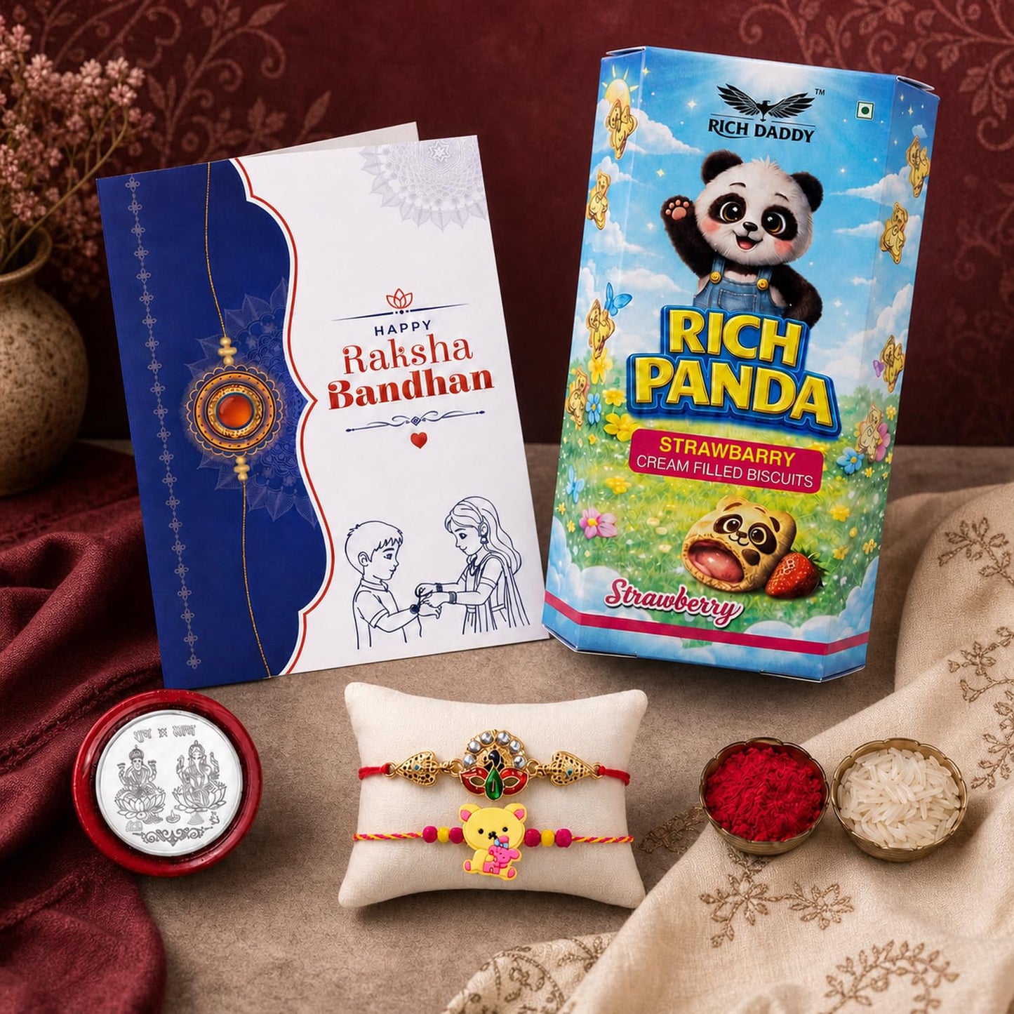 Kids Rakhi for Brother with Strawberry Biscuit 60gm, Coin & Card | Pack of 6