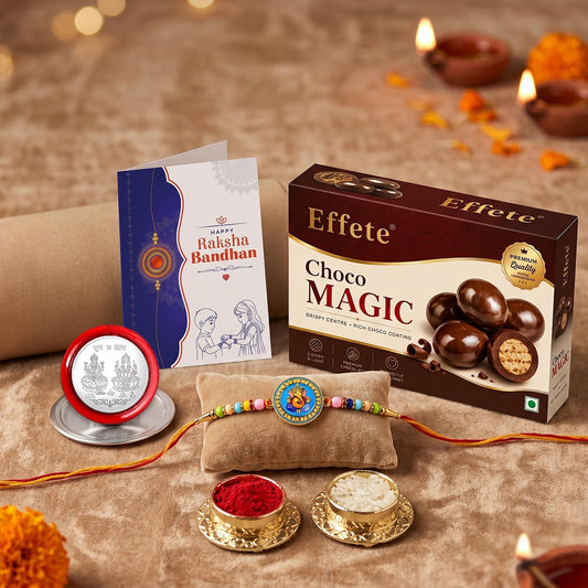 Ganesh Rakhi for Brother with Chocolate Magic 96gm, Roli Tikka & Card | Pack of 5