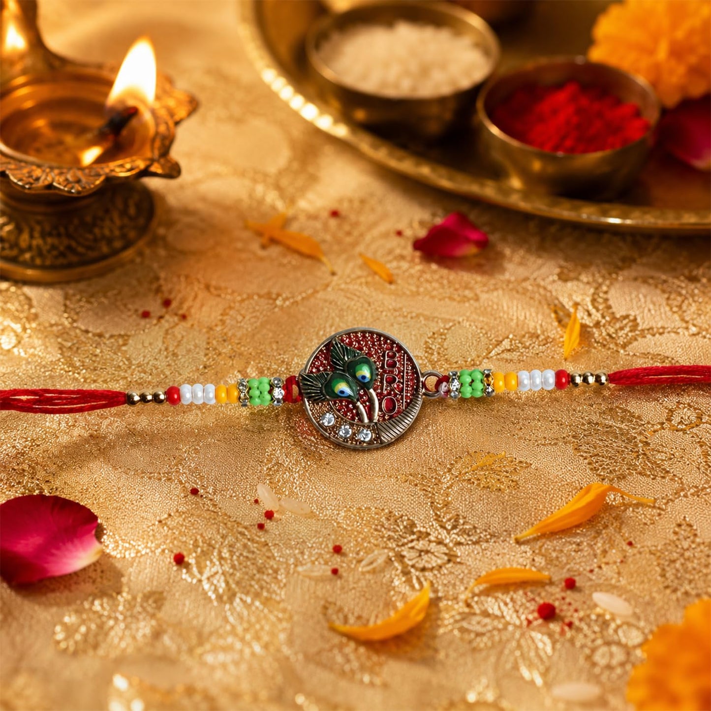 Peacock Rakhi for Brother with Choco Dryfruits 96gm, Coin & Card | Pack of 6