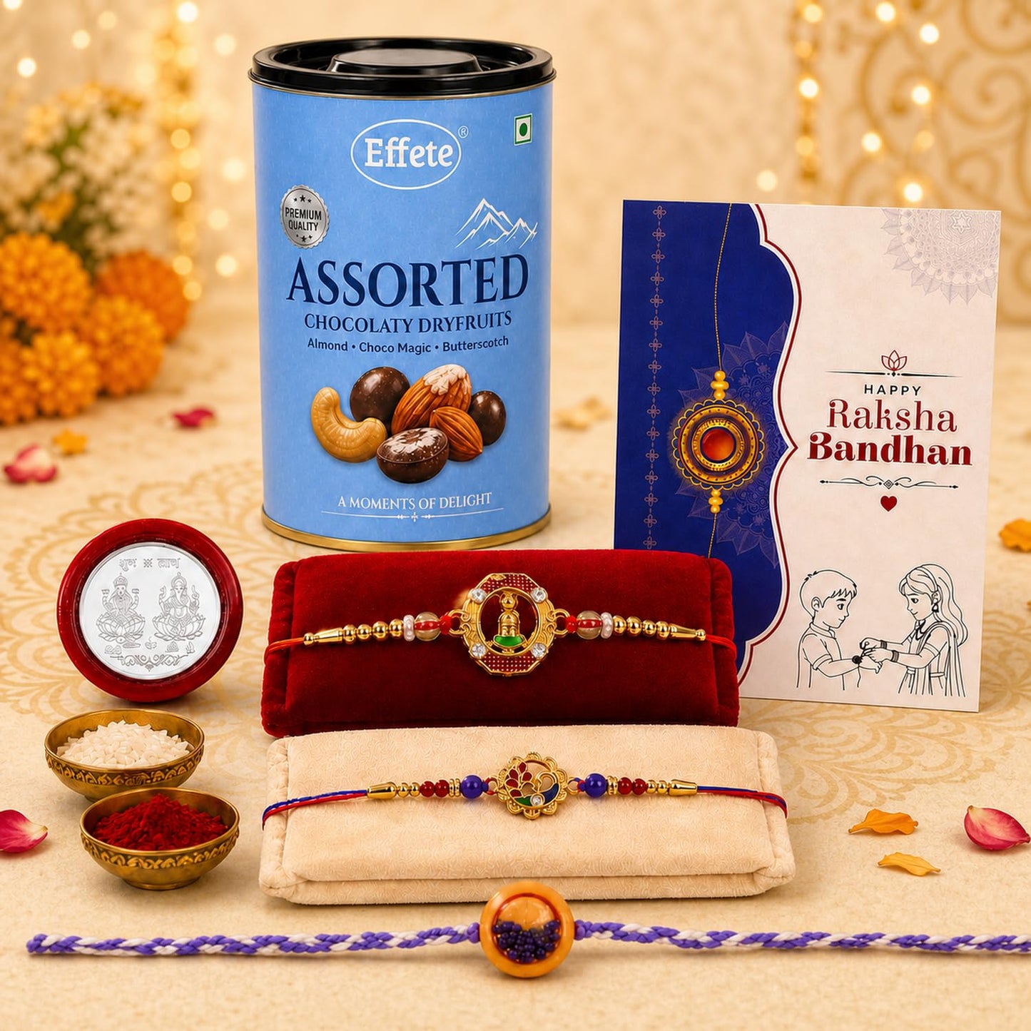 Rakhi with Chocolate for Brother (Set of 7) – Raksha Bandhan Festival Celebration Set with Golden Color, Shivling & Food Shape Rakhi, Chocolate, Roli Chawal, Silver Color Coin & Greeting Card