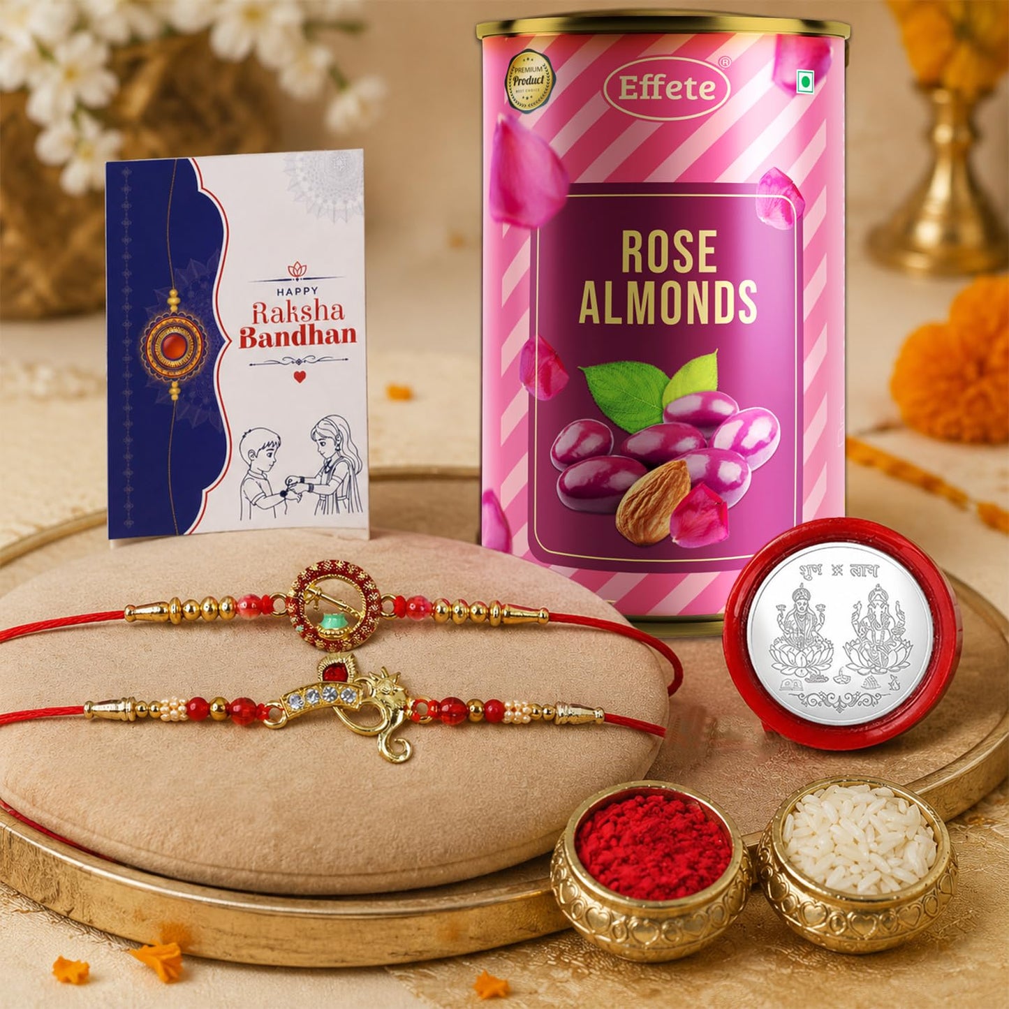 OM, Krishna Bansi Rakhi Combo - Raksha Bandhan Gift with Rose Almond 96gm, Pack of 6