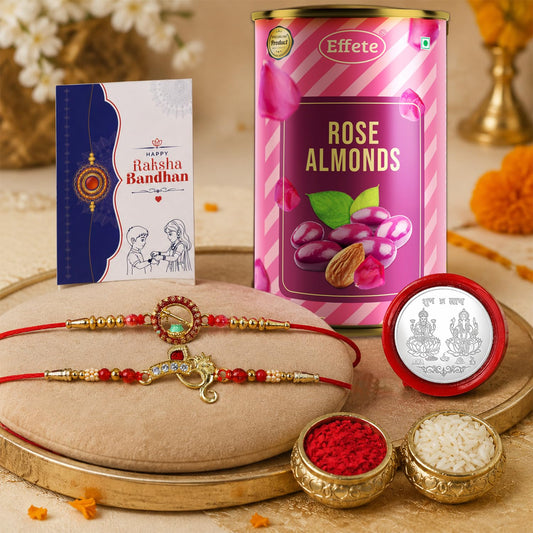 OM, Krishna Bansi Rakhi Combo - Raksha Bandhan Gift with Rose Almond 96gm, Pack of 6