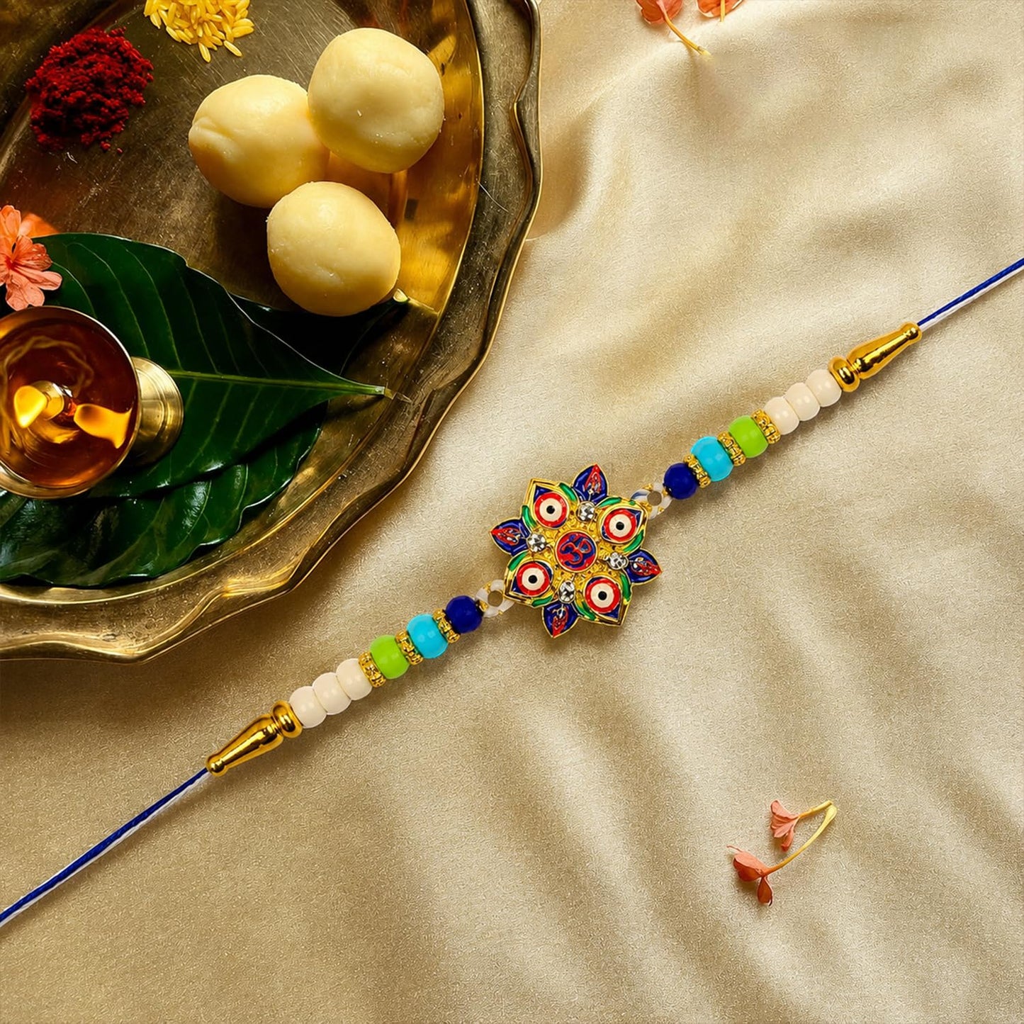 Evil Eye Rakhi for Brother with Butter Scotch 32gm, Roli Tikka & Card | Pack of 5
