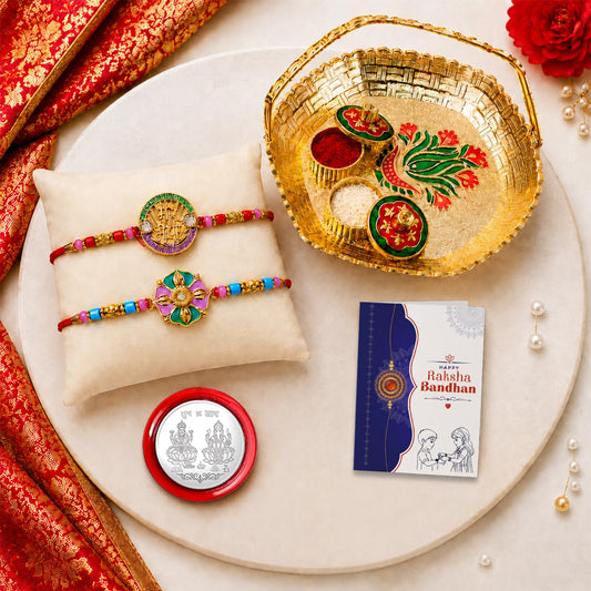 Multicolor Raksha Bandhan Gift Hamper with bracelet rakhi and pooja thali.