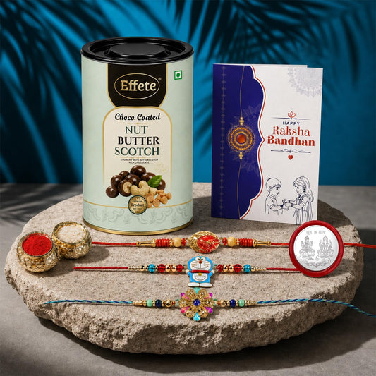 Rakhi Set for Brother (Set of 7), Doremon, Floral & Bhai Rakhi Combo with Chocolate, Roli Chawal, Silver Color Pooja Coin