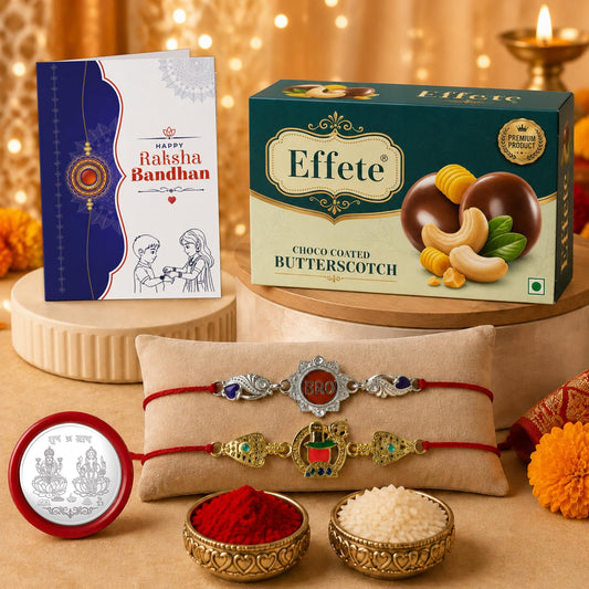 Shivling design rakhi with chocolate and other Raksha Bandhan essentials for brother.