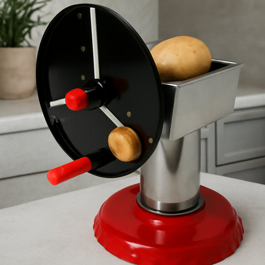 रसोई के लिए स्टेनलेस स्टील चिप्स मेकर और वेजिटेबल स्लाइसर आलू स्लाइसर ग्रेटर और चिपर्स। चिप्स मेकर सब्जी काटने के लिए उपयुक्त है। चिप्स मेकर में हार्ड कोटेड आयरन व्हील और स्टैंड शामिल हैं।