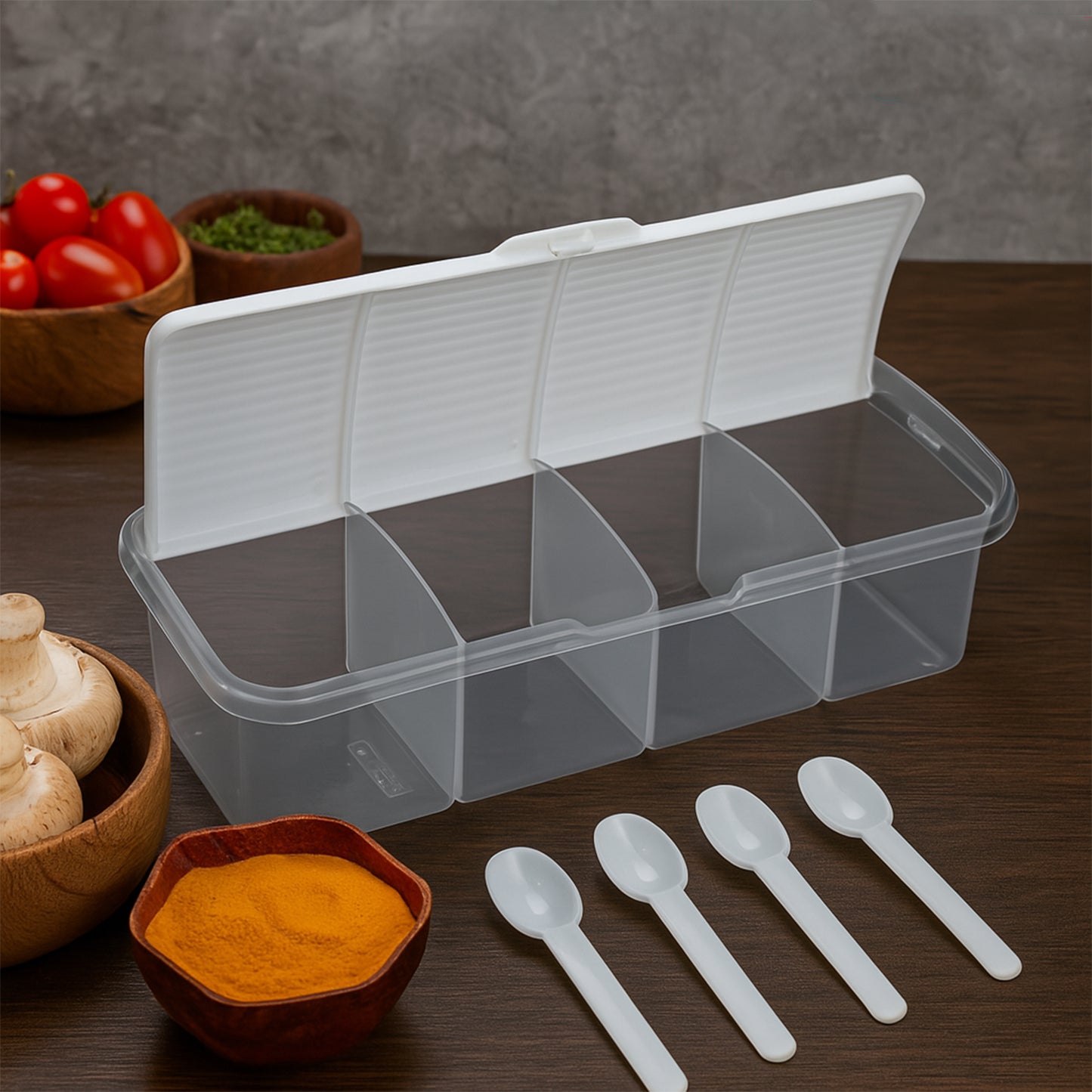 Kitchen Multipurpose Air-tight 4 Sections Storage Containers / Masala Box Pickle (Achar) Jar with 4 spoon for each section (1 Pc / Mix Color)