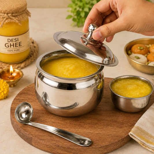 Stainless Steel Ghee Pot with Lid & Spoon – Mirror Finish