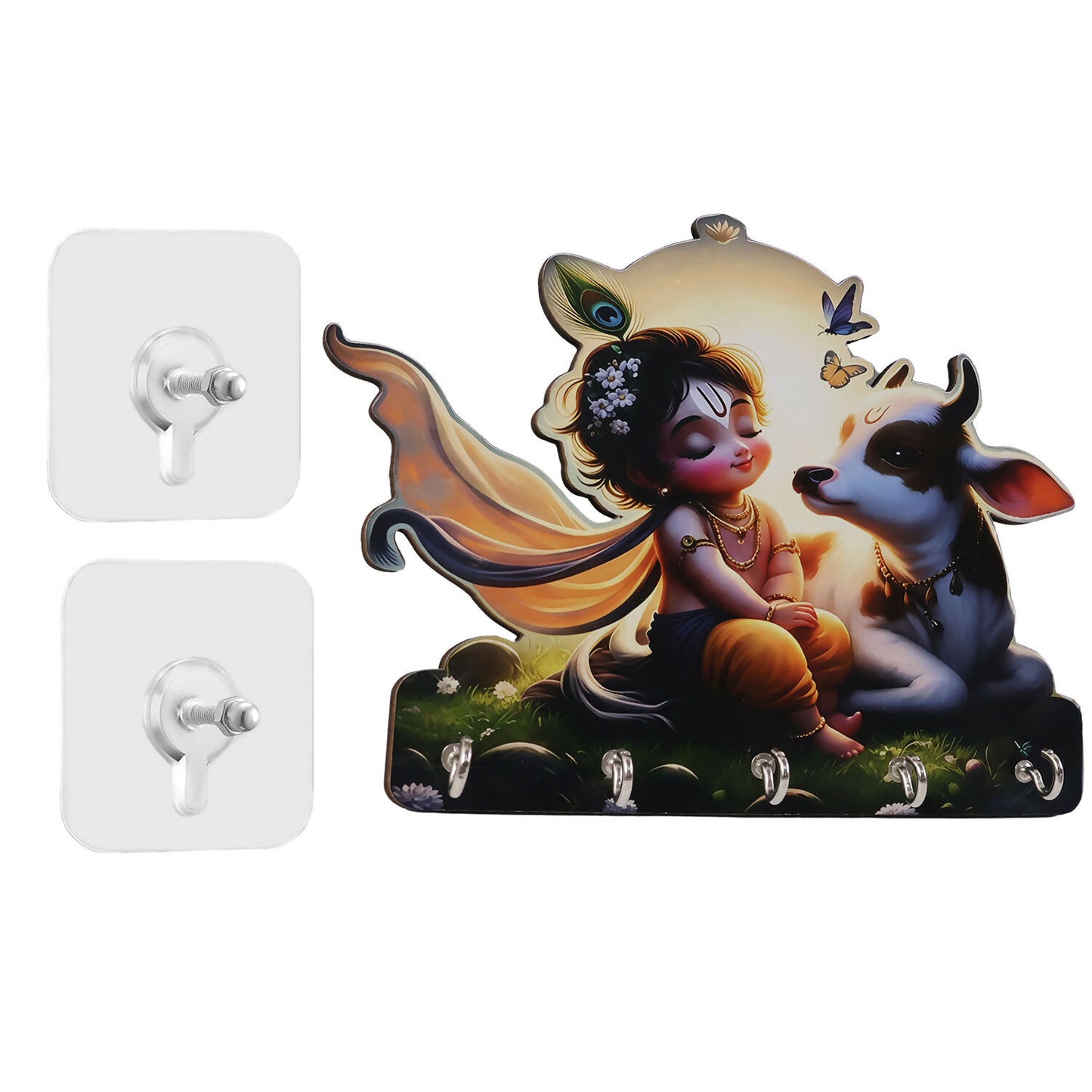 Decorative Krishna Cow Design Wall Key Holder with 5 Hooks – No Drilling Required