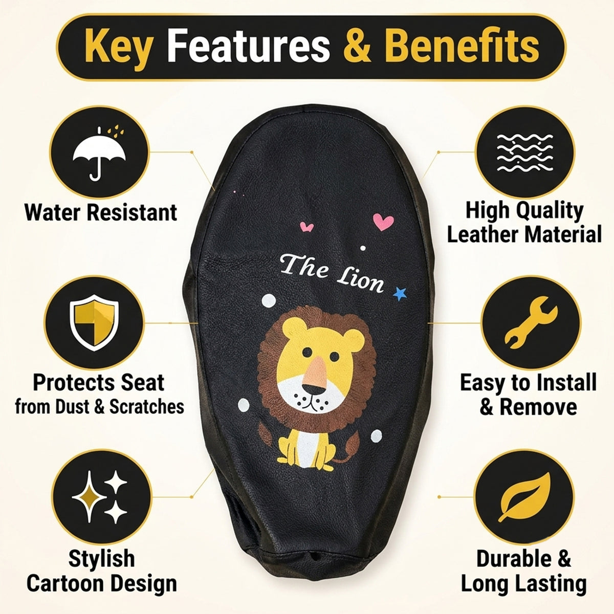 Scooter Seat Cover with Cartoon Lion Print and Elastic Fitting Edge (1 Pc)