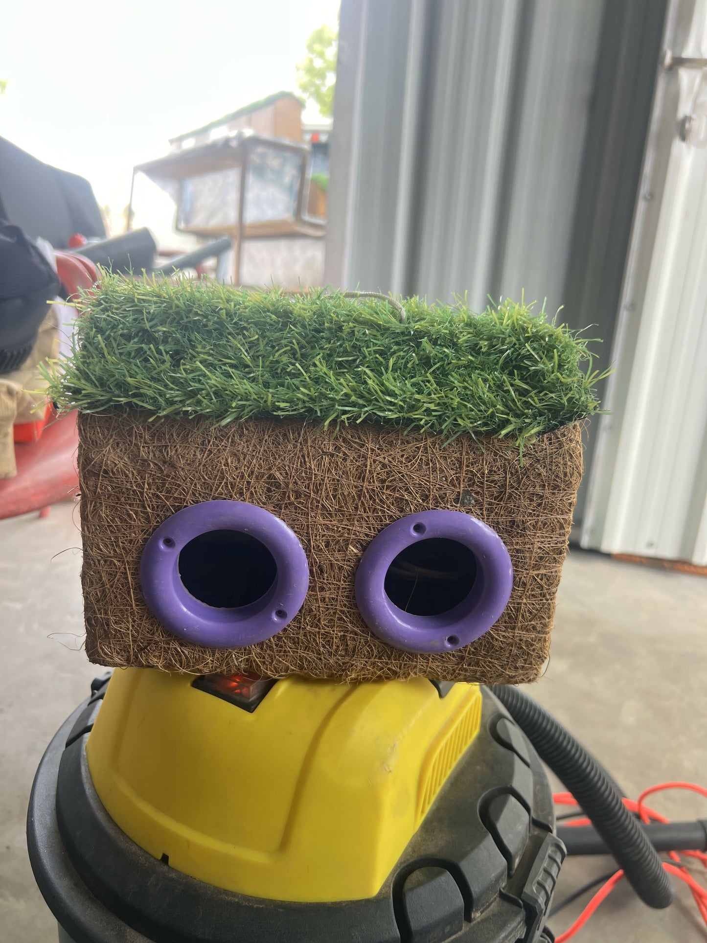 Side angle of rectangular coir bird house with vibrant entry rings