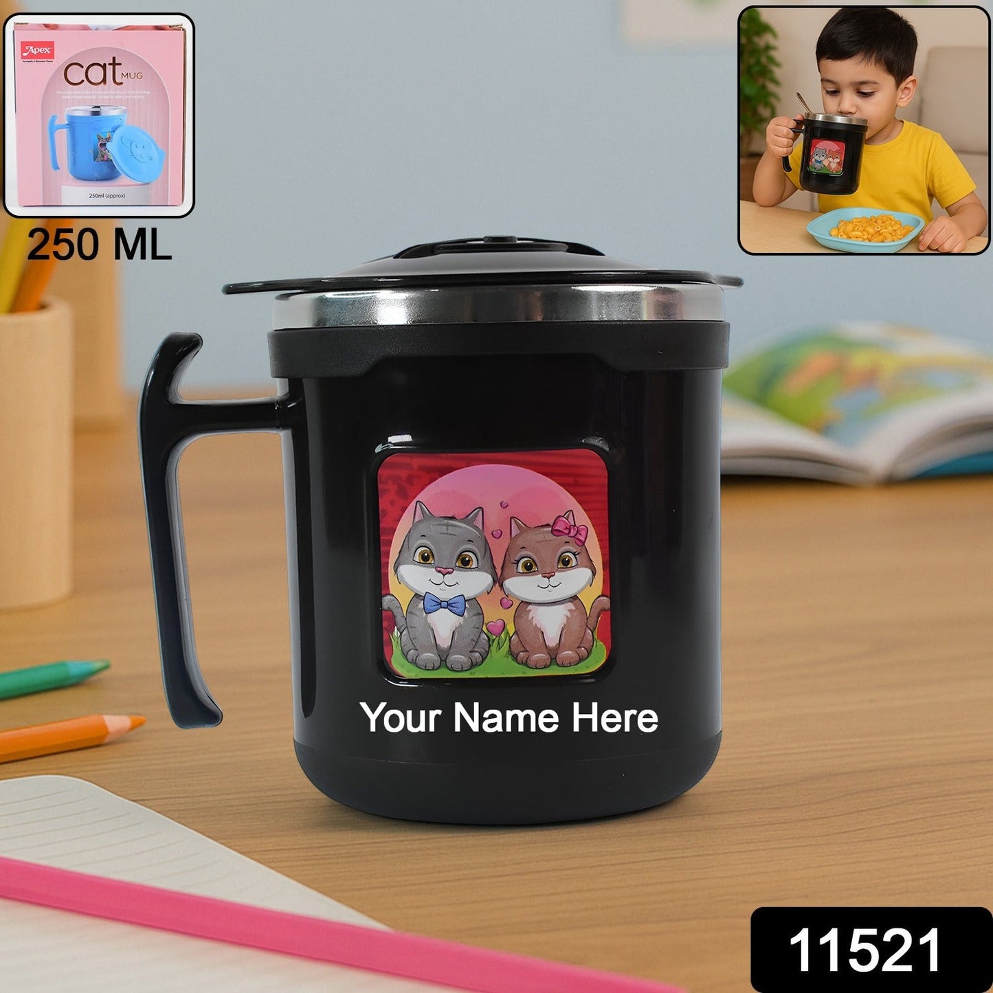 Customize 1 Pc Apex Cat Mug – 250 ml Stainless Steel Insulated Inner with Cute Cat Print