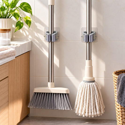 Self-Adhesive Plastic Mop & Broom Holder Clips with Roller Grip (2 Pc)