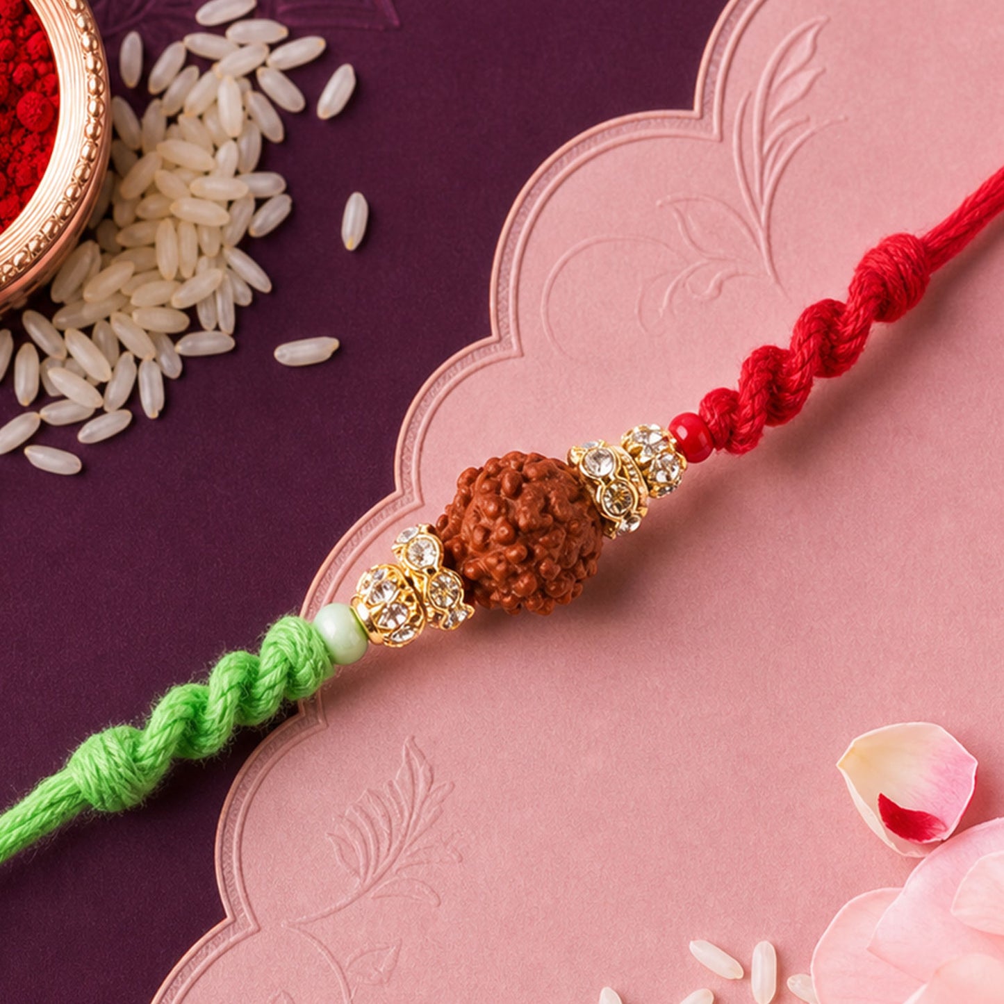 Green Thread Rakhi with Natural Rudraksha Bead and Golden Caps