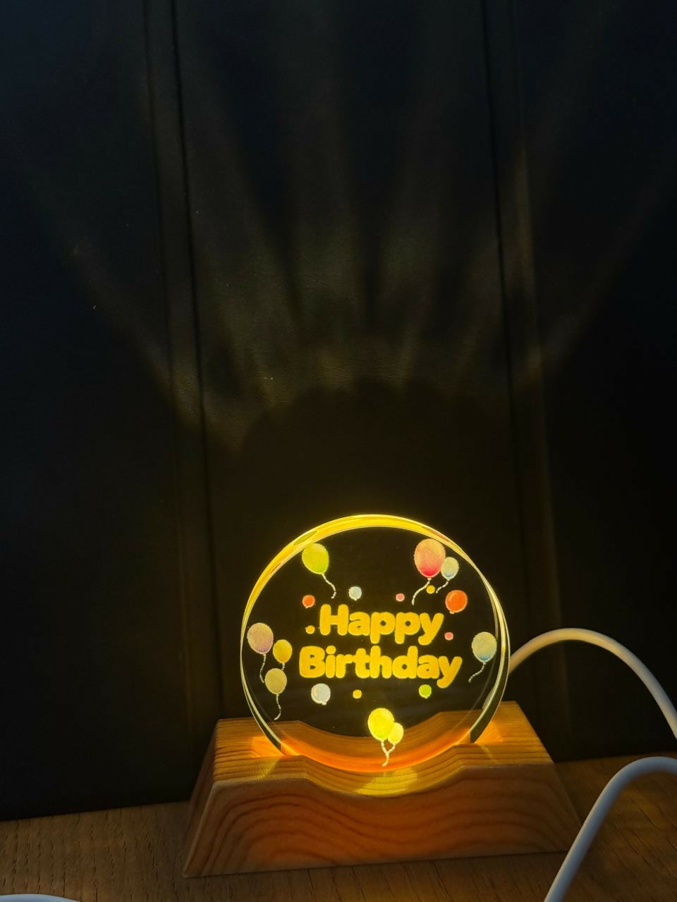 Happy Birthday Acrylic LED Lamp with Wooden Base Balloon Party Gift