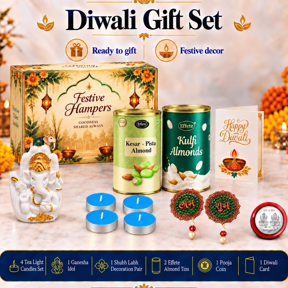 A Diwali gift set with a decorative box, Ganesha idol, almond tins, tealights, and earrings on a white surface.