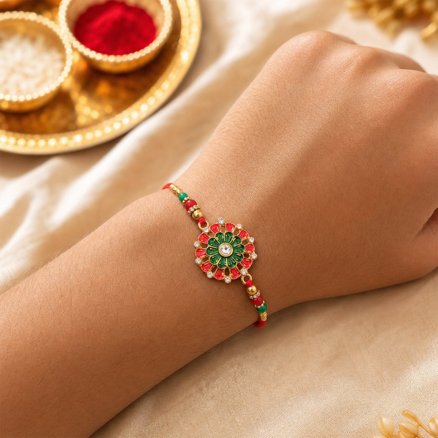 Traditional Rakhi Floral Centerpiece Red Green Beads (5pcs)