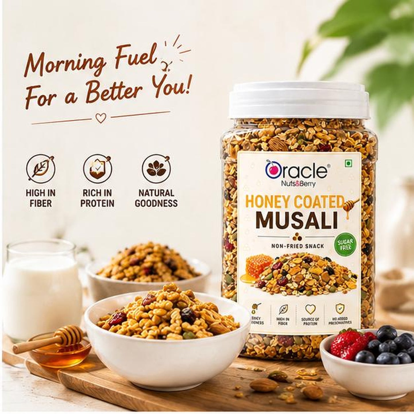 Close-up of crunchy wholegrain oats and corn flakes in Oracle Muesli.