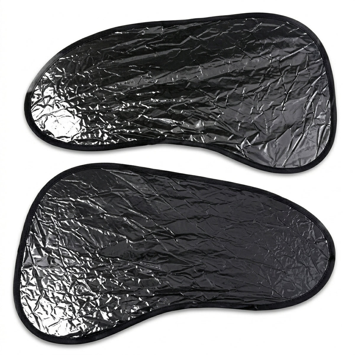 Two black car sunshades with crinkled texture and black trim, displayed on a plain white background.