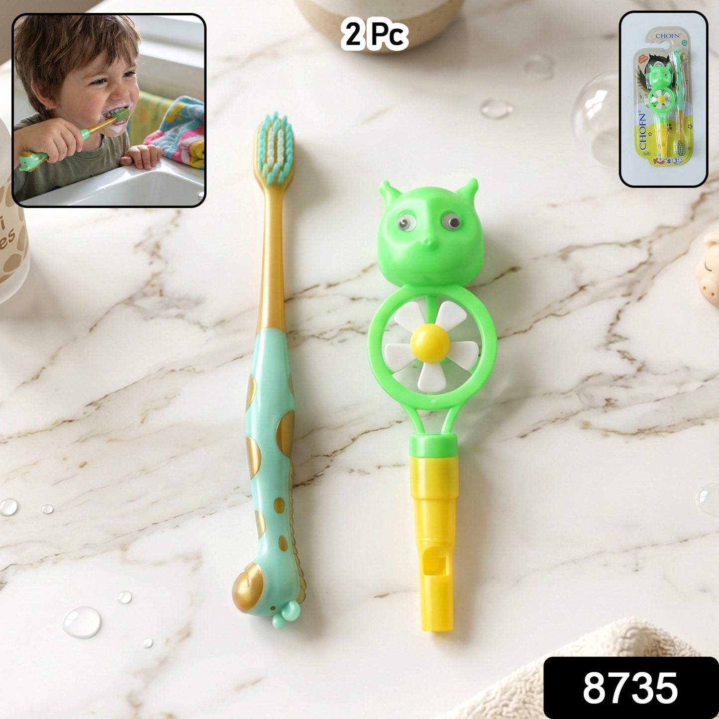 Two kids manual toothbrushes with whistle toys
