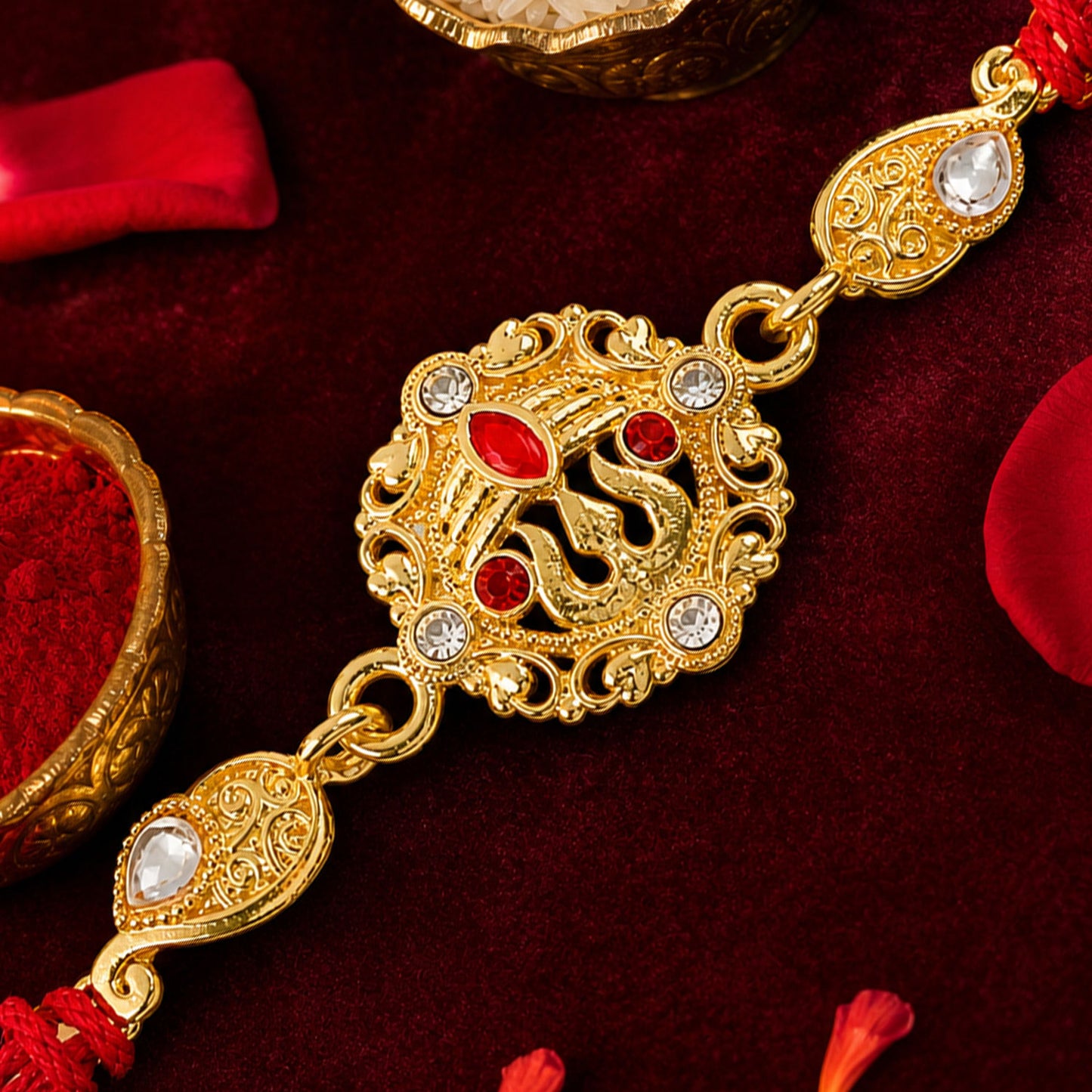 Festive Rakhi featuring Ornate Floral Medallion, pearl accents and bead line for Gift