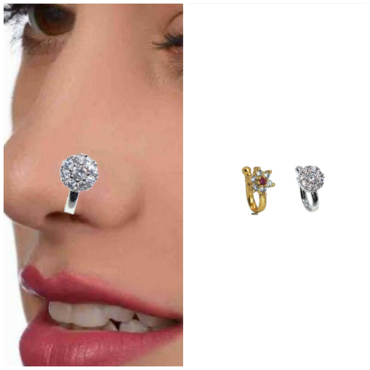 2-Pc CZ Clip-On Nose Ring Set - Cluster & Line (Non-Piercing) Combo Pack of 2