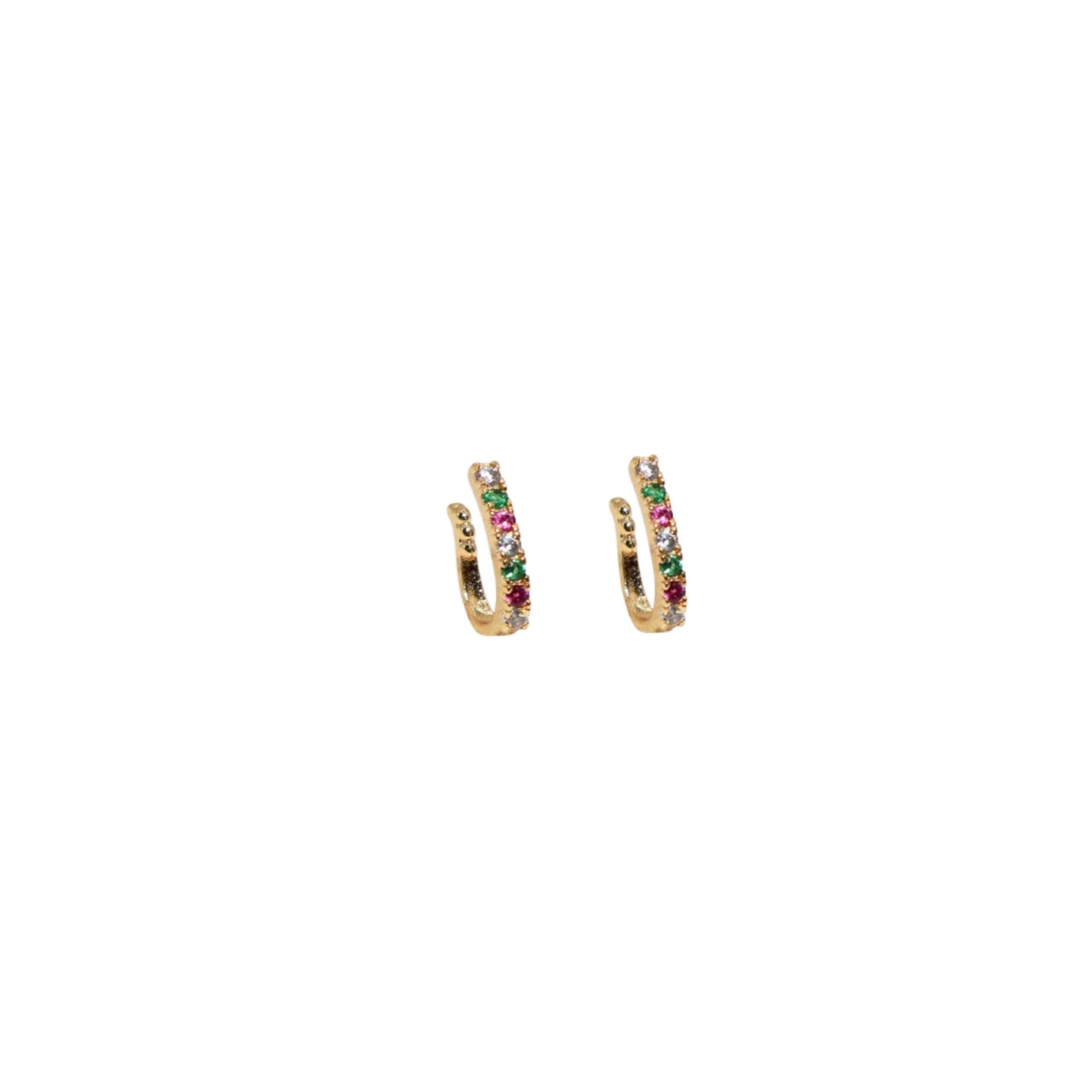 Close-up of gold plated double-band nose hoop adorned with multi-color stones