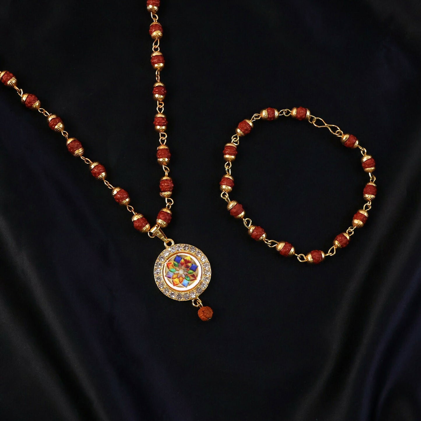Traditional Beaded Rudraksha Necklace & Bracelet Set with Pendant