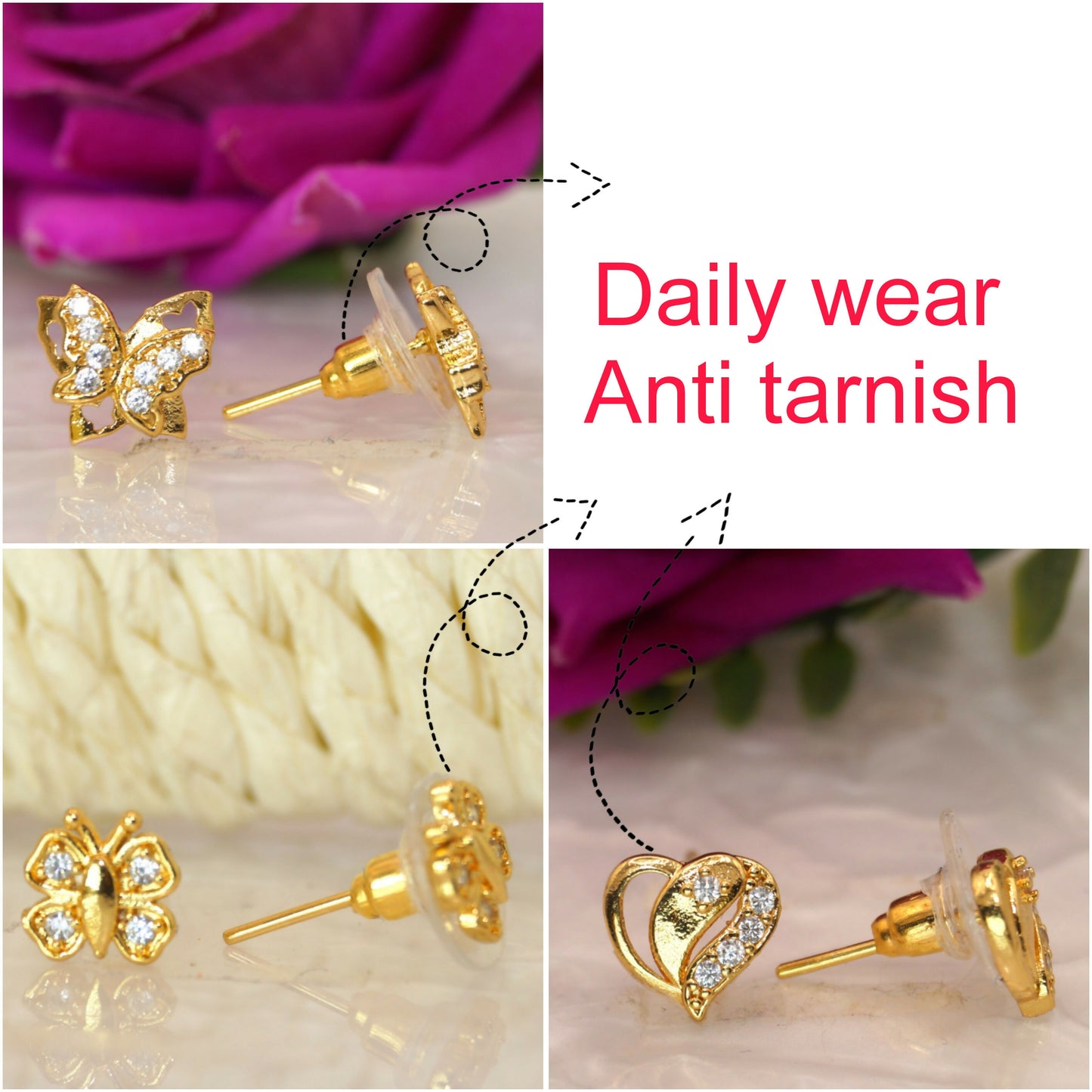 "Gold Butterfly & Heart Stud Earrings AD for women and girls Combo Pack of 3